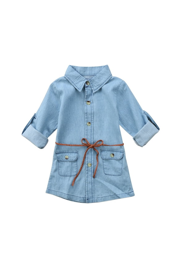 Little Girl Shirt Dress Long Sleeve Casual Dresses with Belt 2T 3T 4T 5T 6T 7T Kid Casual Denim Dresses