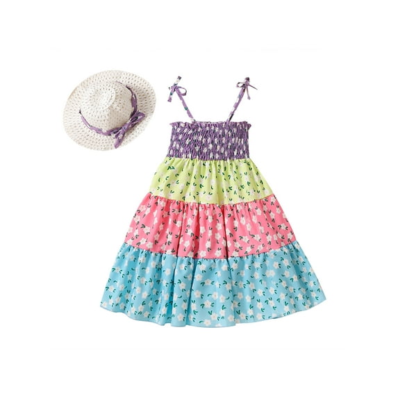 Bagilaanoe Little Girl Summer Dress Floral Sleeveless A-line Dresses + Hat 4T 5T 6T 7T Kid Casual Swing Sundress