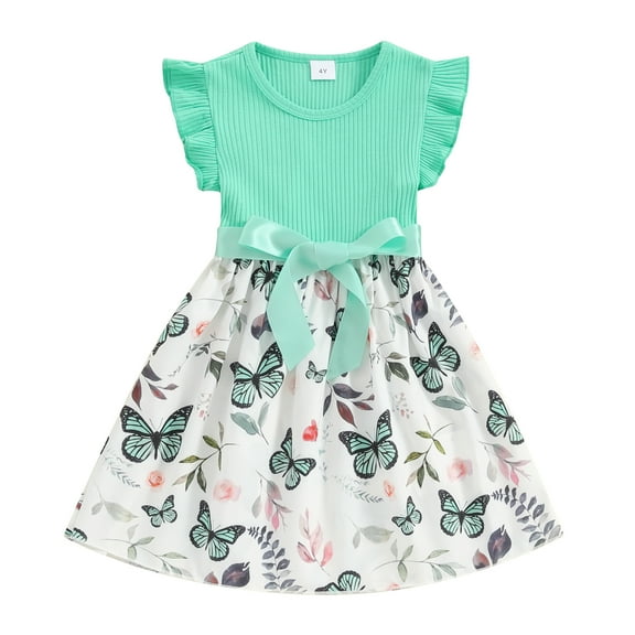 Bagilaanoe Little Girl Summer Dress Toddler Butterfly Print Fly Sleeve A-line Dresses with Belt 4T 5T 6T 7T Kids Casual Swing Sundress