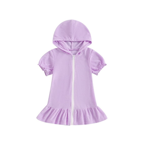 Bagilaanoe Little Girl Swim Cover Up Toddler Casual Loose Short Sleeve Ruffled Zipper Hooded Swimsuit 1T 2T 3T 4T 5T 6T 7T 8T Kids Bathing Suit