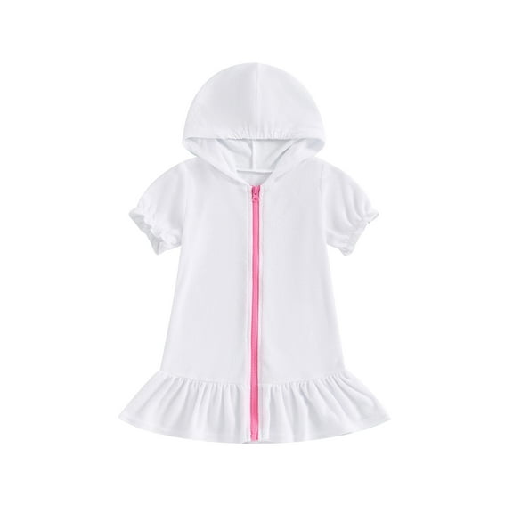 Bagilaanoe Little Girl Swim Cover Up Toddler Casual Loose Short Sleeve Ruffled Zipper Hooded Swimsuit 1T 2T 3T 4T 5T 6T 7T 8T Kids Bathing Suit