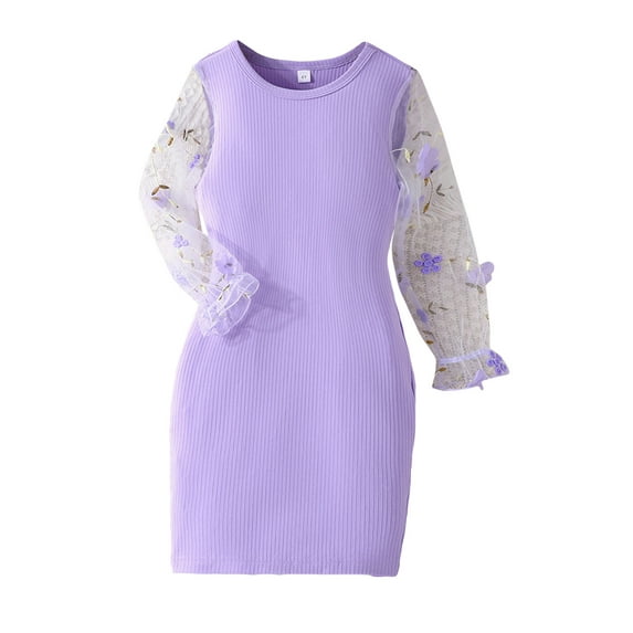 Bagilaanoe Little Girl T-shirts Dress Toddler Mesh Flower Long Sleeve Dresses 4T 5T 6T 7T Kids Spring Casual Sundress