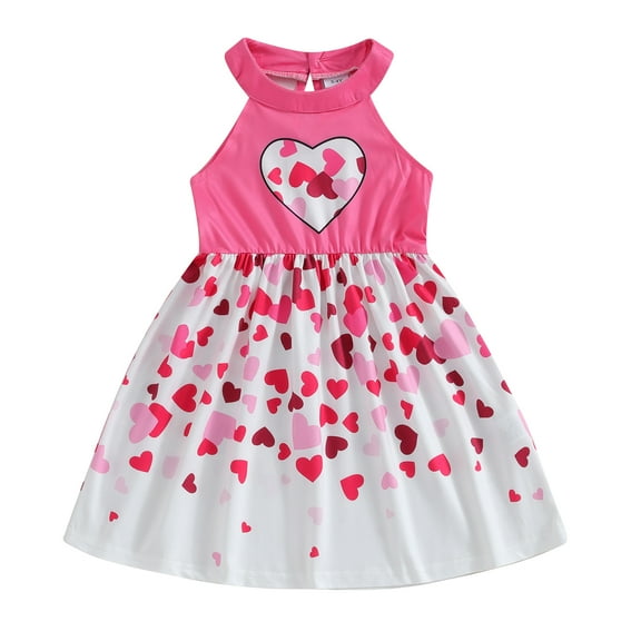 Bagilaanoe Little Girl Valentine's Day Dress Toddler Heart Print Ruffle Sleeveless A-line Princess Dresses 3T 4T 5T 6T 7T Kid Patchwork Swing Sundress