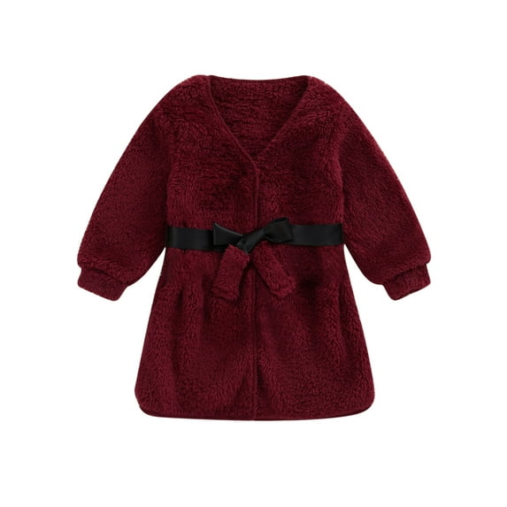 Bagilaanoe Little Girl Winter Warm Coat Solid Color Long Sleeve Plush Jacket with Belt 4T 5T 6T 7T Kids Fall Casual Outwear