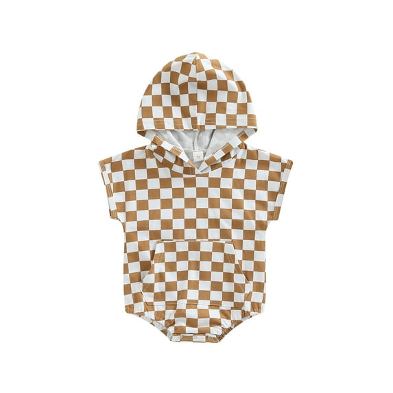 Bagilaanoe Newborn Baby Boy Checkerboard Print Romper Short Sleeve Hooded Plaid Jumpsuit 3 6 12 18 24 Months 3T Bodysuit Summer Clothes
