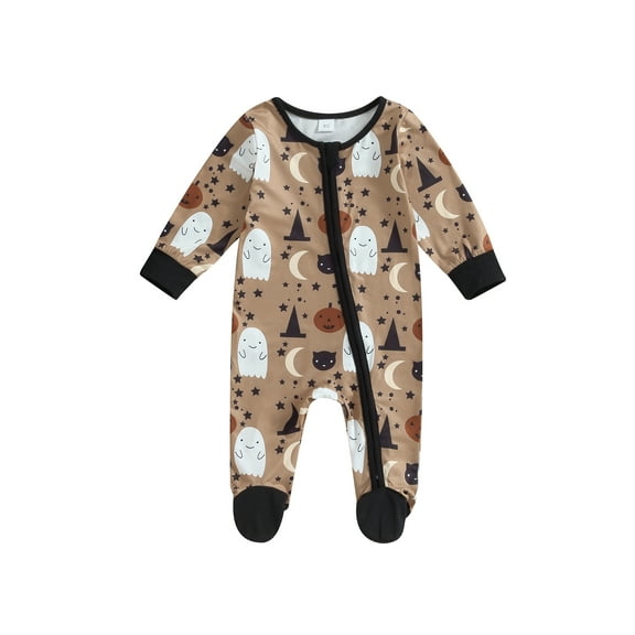 Bagilaanoe Newborn Baby Boy Girl Halloween Pajamas Pumpkin Print Long Sleeve Footed Jumpsuits 3M 6M Infant Zipper One Piece Rompers