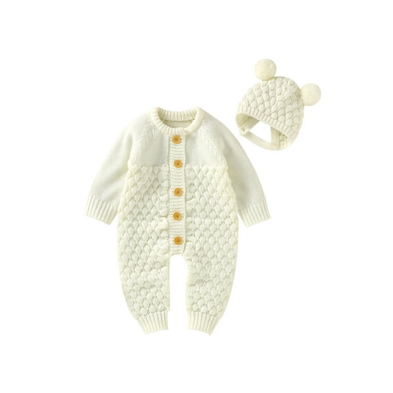 Bagilaanoe Newborn Baby Boy Girl Knitted Jumpsuit Long Sleeve Knitting Bodysuit + Hat 3M 6M 12M 18M Infant Winter Warm One Piece Romper