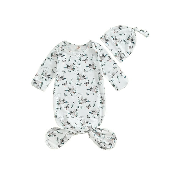 Bagilaanoe Newborn Baby Boys Girls Knotted Gown + Hat Long Sleeve Print Sleeper Sleeping Bag Cap