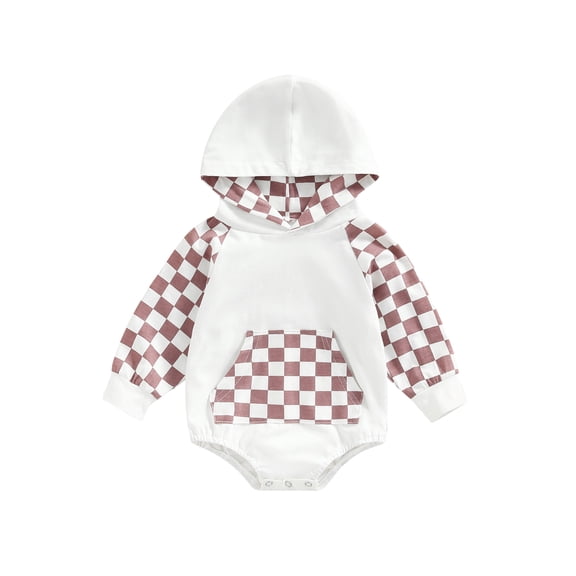 Bagilaanoe Newborn Baby Boys Girls Romper 6 12 18 24 Months Long Sleeve Hooded Plaid Tops Patchwork Casual Bodysuit with Pocket