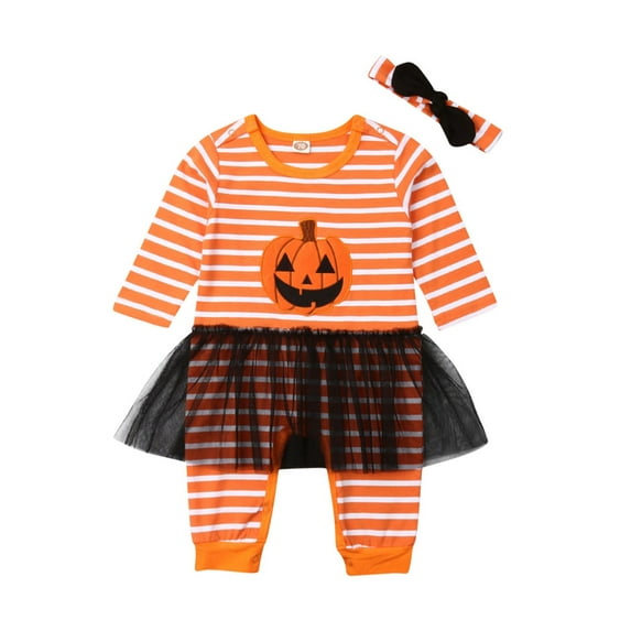 Bagilaanoe Newborn Baby Boys Halloween Jumpsuit Pumpkin Striped Long Sleeve Bodysuit + Beanie 3M 6M 9M 12M 18M Infant Fall One Piece Romper
