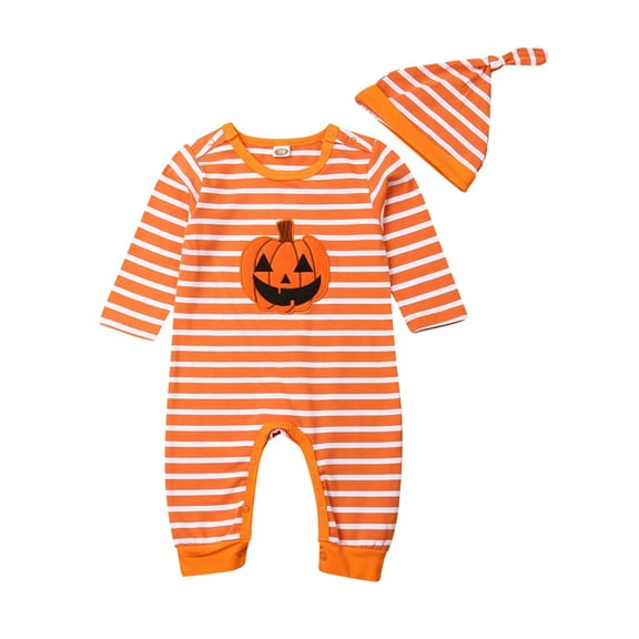 Bagilaanoe Newborn Baby Boys Halloween Jumpsuit Pumpkin Striped Long Sleeve Bodysuit + Beanie 3M 6M 9M 12M 18M Infant Fall One Piece Romper