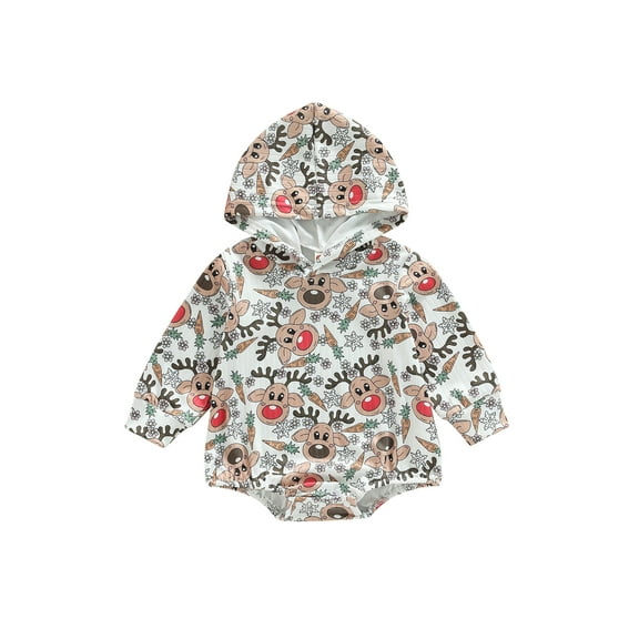 Bagilaanoe Newborn Baby Girl Boy Christmas Hooded Rompers Cartoon Pattern Long Sleeve Bodysuits 3M 6M 12M 18M Infant Casual One Piece Short Jumpsuit