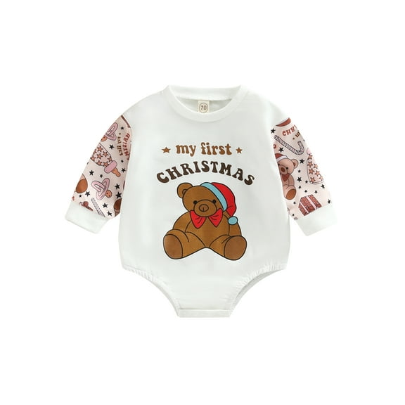 Bagilaanoe Newborn Baby Girl Boy Christmas Rompers Letter Bear Print Long Sleeve Bodysuits 6M 12M 18M 24M Infant Casual One Piece Short Jumpsuit