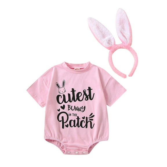 Bagilaanoe Newborn Baby Girl Boy Easter Rompers Letters Print Short Sleeve Bodysuits   Headband 3M 6M 12M 18M Infant Casual One Piece Short Jumpsuit