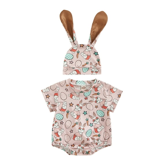 Bagilaanoe Newborn Baby Girl Boy Easter Rompers Print Short Sleeve Bodysuits   Hat 3M 6M 12M 18M Infant Casual One Piece Short Jumpsuit