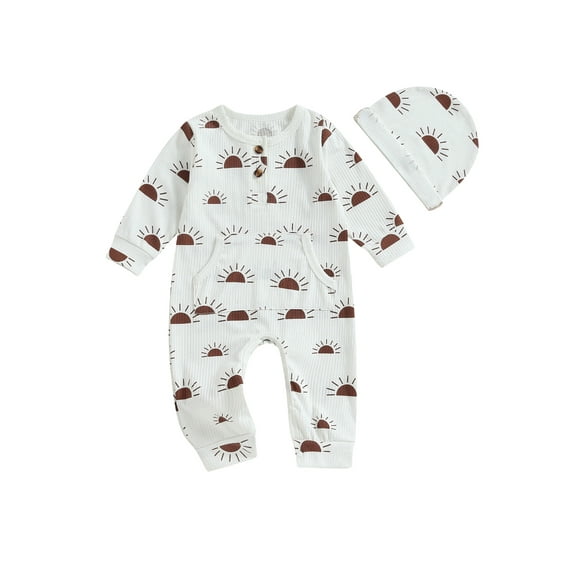 Bagilaanoe Newborn Baby Girl Boy Footless Jumpsuits Sun Print Long Sleeve Bodysuits + Hat 3M 6M 12M 18M Infant Fall One Piece Romper