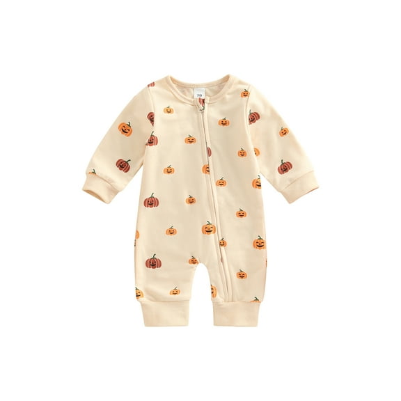 Bagilaanoe Newborn Baby Girl Boy Jumpsuits Long Sleeve Pumpkin Print Bodysuit 3M 6M 12M 18M Infant Zipper Ribbed One Piece Romper
