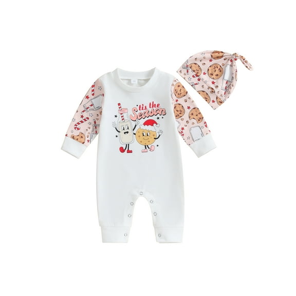 Bagilaanoe Newborn Baby Girl Boys Christmas Jumpsuit Cartoon Print Long Sleeve Bodysuit + Hat 3M 6M 12M 18M Infant Fall One Piece Romper