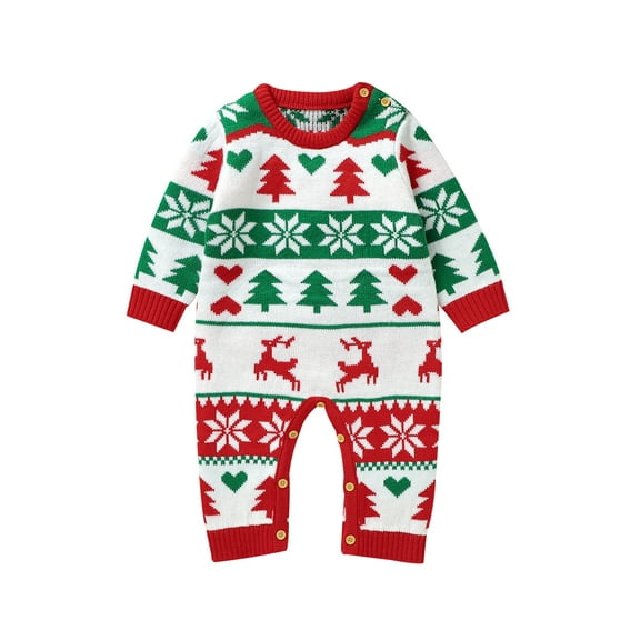 Bagilaanoe Newborn Baby Girl Boys Christmas Sweater Jumpsuit Snowflake Deer Print Long Sleeve Knit Bodysuit 3M 6M 12M 18M 24M Infant Ribbed One Piece Romper