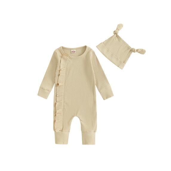 Bagilaanoe Newborn Baby Girl Boys Fall Jumpsuit Ruffle Long Sleeve Bodysuit + Hat 3M 6M 12M 18M Infant One Piece Romper