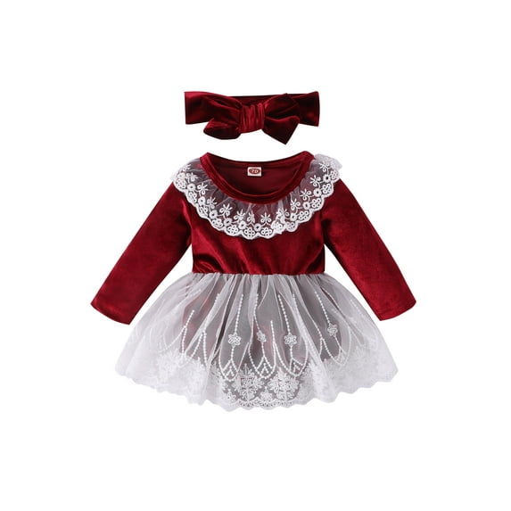 Bagilaanoe Newborn Baby Girl Christmas Clothes Velvet Rompers Dress Long Sleeve Bodysuit + Headband 6M 12M 18M 24M Infant Lace Patchwork A-line Princess Dresses