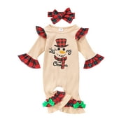 Bagilaanoe Newborn Baby Girl Christmas Jumpsuit Snowman Letter Print Long Sleeve Bodysuit + Headwear 3M 6M 9M 12M 18M Infant Flared Pants My First Christmas Outfits