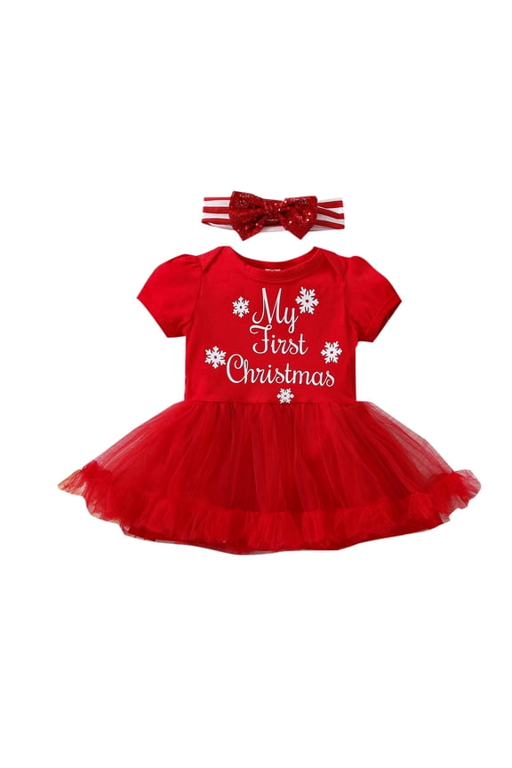 Newborn Baby Girl Christmas Romper Dress Letters Snowflake Print Short Sleeve A-line Princess Dresses + Headband 6M 12M 18M 24M Infant Patchwork Tulle Skirt