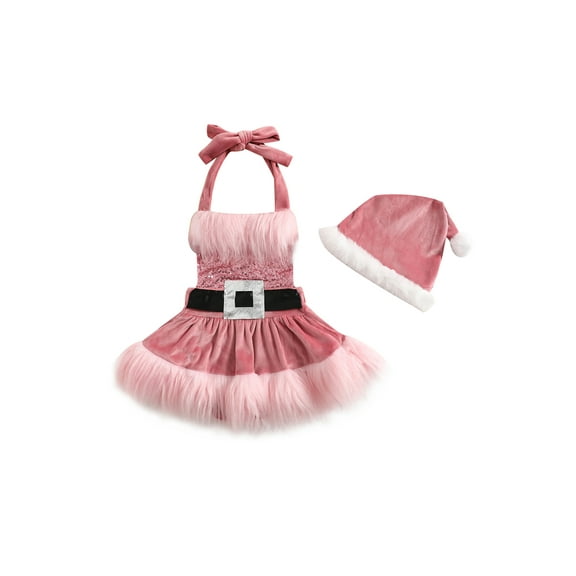 Bagilaanoe Newborn Baby Girl Christmas Romper Dress Sequins Ruffle Sleeveless A-line Princess Dresses + Hat 3M 6M 12M 18M 24M Infant Plush Trim Patchwork Tutu Jumpsuits Skirt