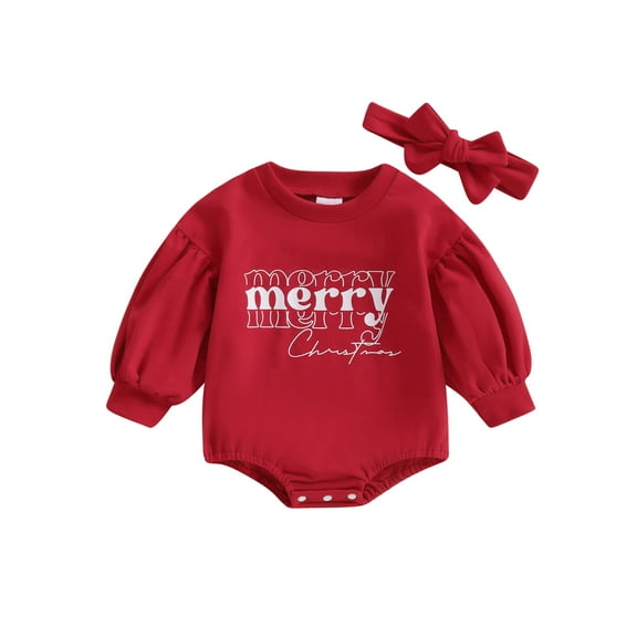 Bagilaanoe Newborn Baby Girl Christmas Rompers Letter Print Long Puff Sleeve Bodysuit   Headband 3M 6M 12M 18M Infant Fall One Piece Jumpsuit