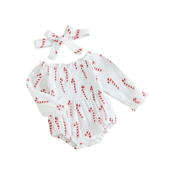 Bagilaanoe Newborn Baby Girl Christmas Rompers Smocked Long Sleeve Bodysuit   Headband 3M 6M 12M 18M Infant Fall One Piece Jumpsuit