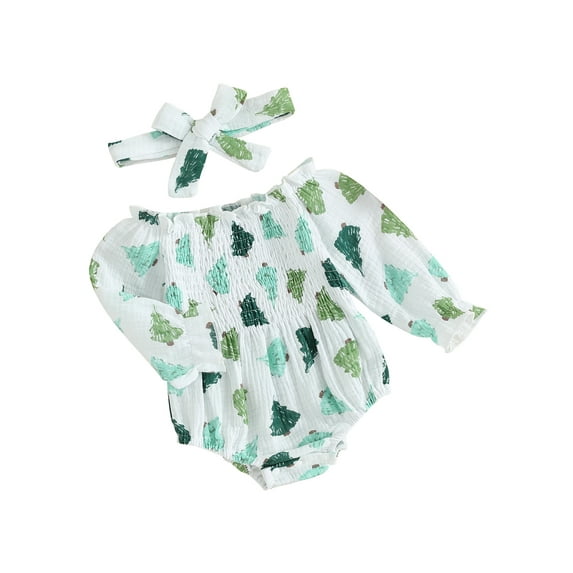 Bagilaanoe Newborn Baby Girl Christmas Rompers Smocked Long Sleeve Bodysuit + Headband 3M 6M 12M 18M Infant Fall One Piece Jumpsuit