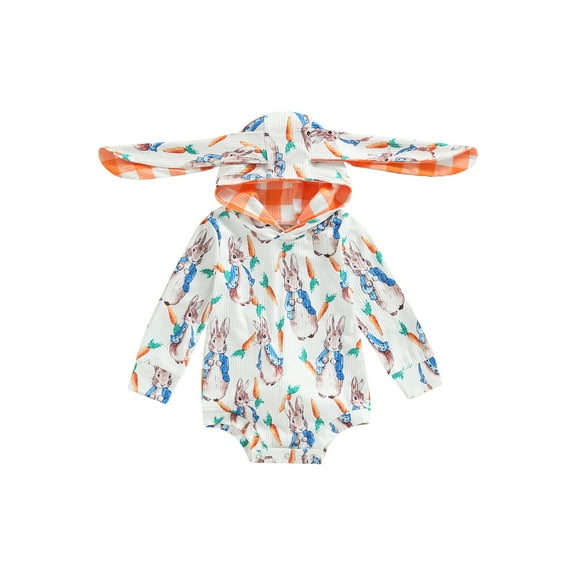 Bagilaanoe Newborn Baby Girl Easter Romper Carrot Print Long Sleeve Hooded Bodysuits 6M 12M 18M 24M Infant Casual One Piece Short Jumpsuit
