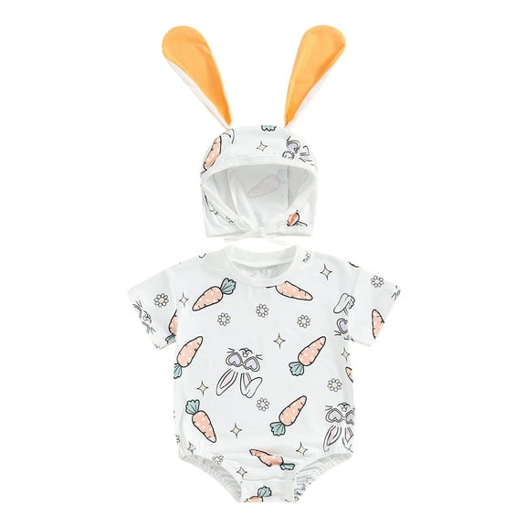 Bagilaanoe Newborn Baby Girl Easter Rompers Carrot Print Short Sleeve Bodysuits   Hat 3M 6M 12M 18M Infant One Piece Jumpsuit