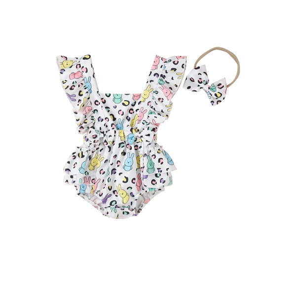 Bagilaanoe Newborn Baby Girl Easter Rompers Cartoon Print Sleeveless Ruffled Bodysuit   Headband 3M 6M 12M 18M Infant One Piece Jumpsuit