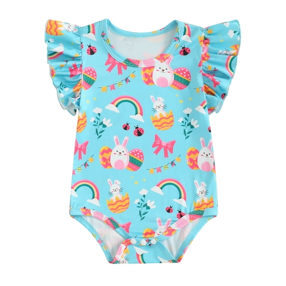 Bagilaanoe Newborn Baby Girl Easter Rompers Print Flying Sleeve Bodysuits 3M 6M 12M 18M Infant Casual One Piece Short Jumpsuit