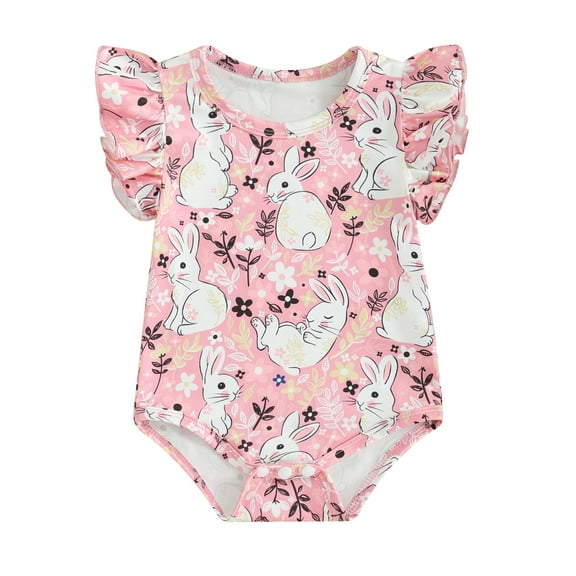 Bagilaanoe Newborn Baby Girl Easter Rompers Print Flying Sleeve Bodysuits 3M 6M 12M 18M Infant Casual One Piece Short Jumpsuit