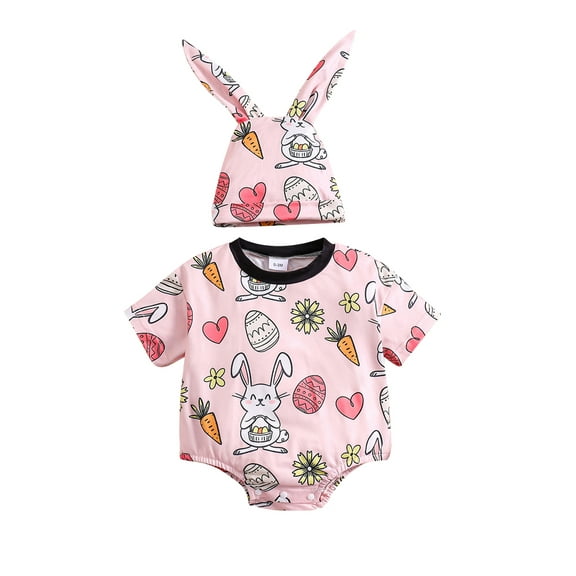 Bagilaanoe Newborn Baby Girl Easter Rompers Print Short Sleeve Bodysuits   Hat 3M 6M 12M 18M Infant One Piece Jumpsuit