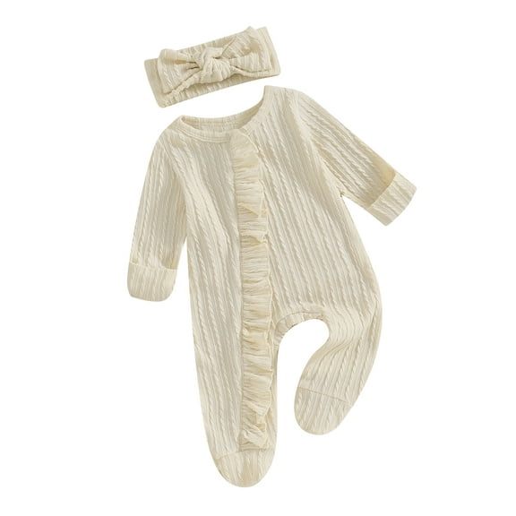 Bagilaanoe Newborn Baby Girl Fall Jumpsuit Long Sleeve Bodysuit + Headband 3M 6M 12M Infant Ruffle One Piece Romper