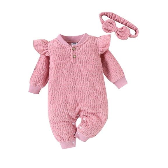 Bagilaanoe Newborn Baby Girl Fall Jumpsuit Ruffle Long Sleeve Bodysuit + Headband 3M 6M 9M 12M 18M Infant Warm One Piece Romper