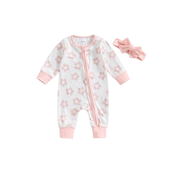 Bagilaanoe Newborn Baby Girl Fall Jumpsuits Flower Print Long Sleeve Bodysuits   Headband Infant Casual Zipper One Piece Rompers