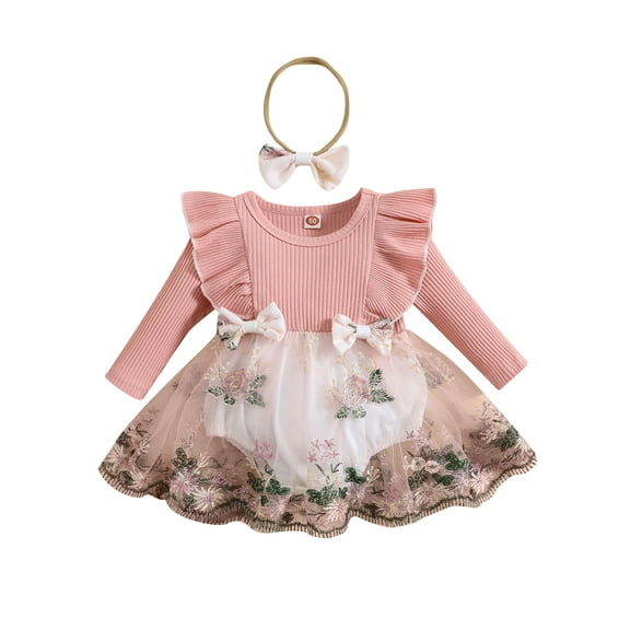 Bagilaanoe Newborn Baby Girl Fall Romper Dress Embroidery Long Sleeve A-line Princess Dresses   Headband 3M 6M 12M 18M 24M Infant Patchwork Tulle Skirt
