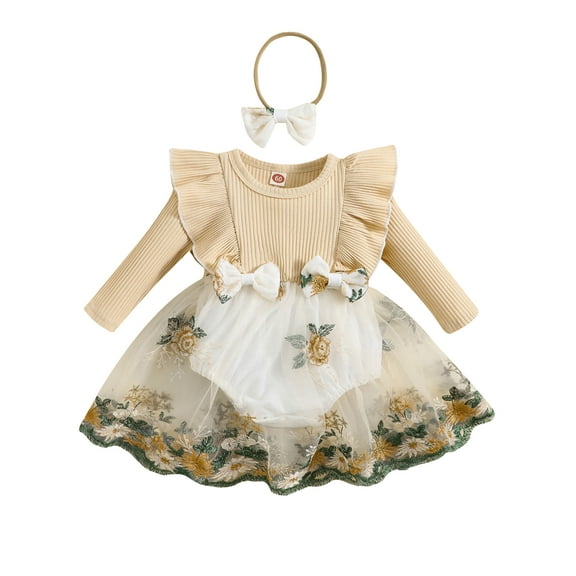 Bagilaanoe Newborn Baby Girl Fall Romper Dress Embroidery Long Sleeve A-line Princess Dresses + Headband 3M 6M 12M 18M 24M Infant Patchwork Tulle Skirt