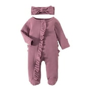 Bagilaanoe Newborn Baby Girl Footies Jumpsuits Solid Color Long Sleeve Bodysuits + Headband 3M 6M 12M Infant Fall One Piece Rompers