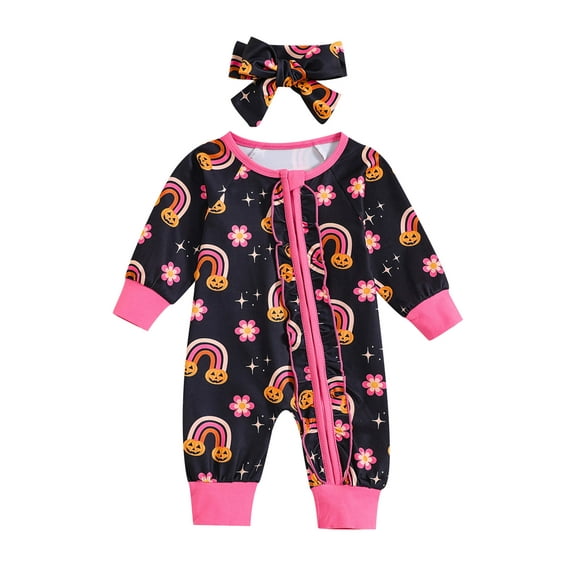 Bagilaanoe Newborn Baby Girl Halloween Jumpsuit Pumpkin/Ghost Letters Print Long Sleeve Bodysuit + Headband 3M 6M 12M 18M Infant Fall One Piece Romper
