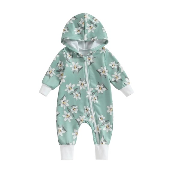 Bagilaanoe Newborn Baby Girl Hooded Jumpsuit Floral Print Long Sleeve Bodysuits 3M 6M 12M 18M Infant Zip Up One Piece Romper
