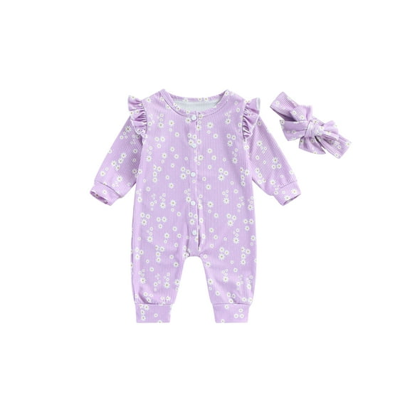 Bagilaanoe Newborn Baby Girl Jumpsuits Floral Print Long Sleeve Bodysuits Headband 3M 6M 12M 18M Infant Casual One Piece Romper