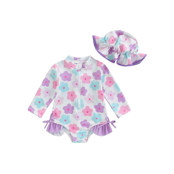 Bagilaanoe Newborn Baby Girl One-Piece Swimsuit Floral Print Long Sleeve Zipper Rashguard Swimwear   Sun Hat 3M 6M 12M 18M Infant Ruffle Bathing Suit