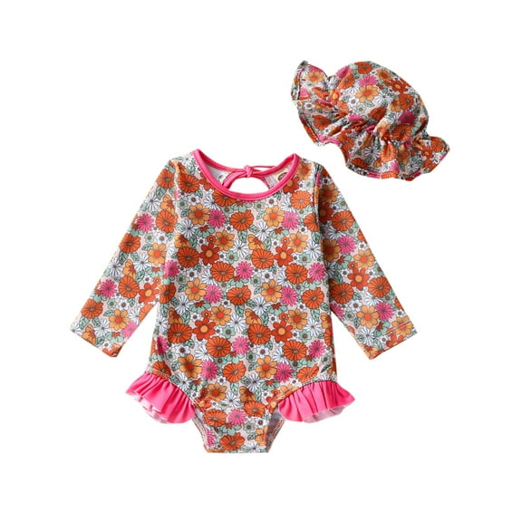 Bagilaanoe Newborn Baby Girl One-Piece Swimsuit Print Long Sleeve Rashguard Swimwear   Swimming Cap 3M 6M 12M 18M 24M Infant Ruffle Bathing Suit