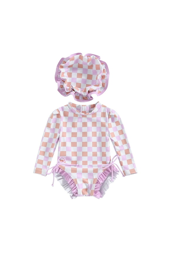Newborn Baby Girl One-Piece Swimsuit Print Long Sleeve Zipper Rashguard Swimwear + Sun Hat 3M 6M 12M 18M 24M Infant Summer Bathing Suit