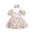 thumbnail image 1 of Bagilaanoe Newborn Baby Girl Romper Dress Embroidery Puff Short Sleeve Bodysuits + Headband 6M 12M 18M 24M Infant Patchwork A-line Dresses, 1 of 9